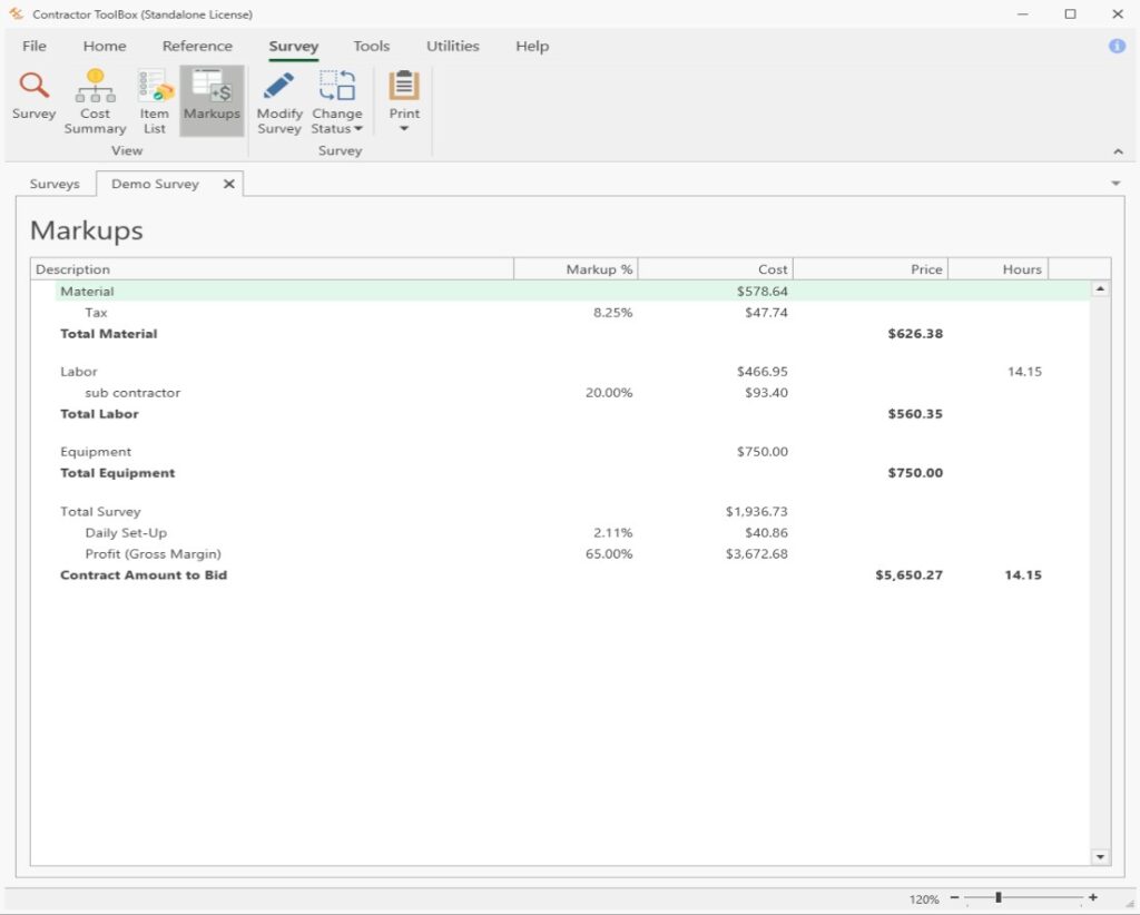 Contractor Toolbox Markups Screen
